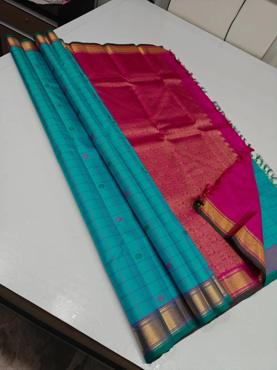 Turquoise Blue Kanjivaram Silk Saree with Magenta Border